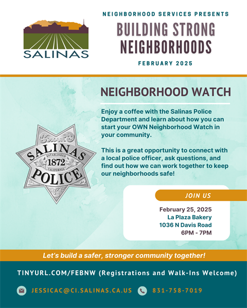 Neighborhood Watch meeting details with Salinas Police Department shield logo